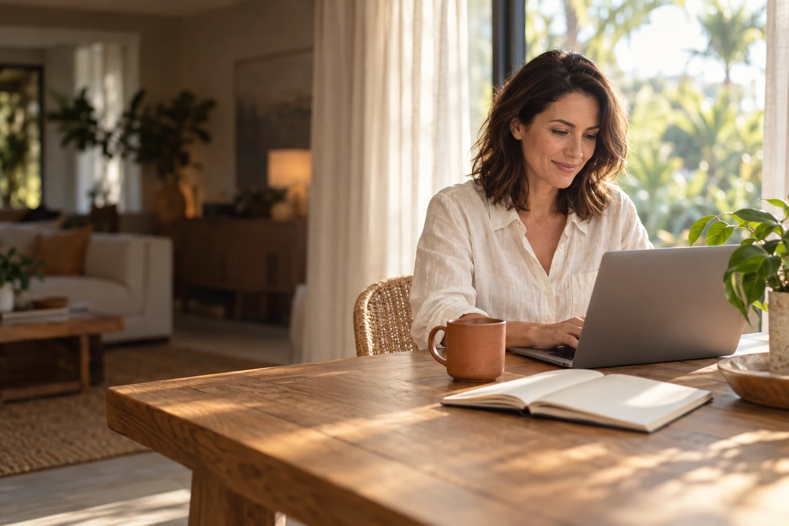 A woman working at her laptop in a sunny home office.